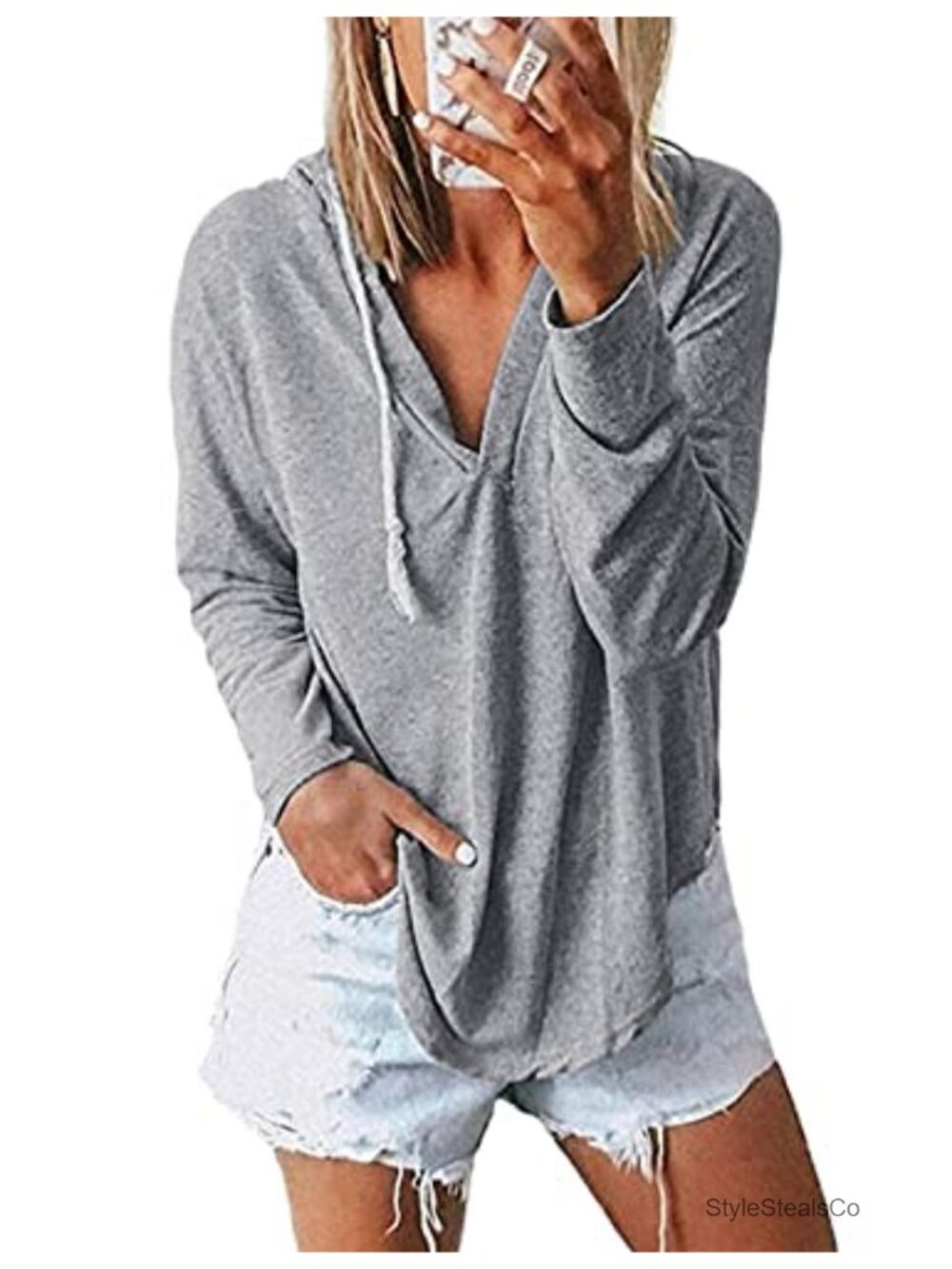 Women's Long Sleeve V-Neck Hooded Sweatshirt Lightweight Pullover Top Cotton